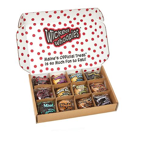 Wicked Big Whoopie Pie Variety pack. You get 1 each of our 12 most popular flavors: Classic, Peanut Butter, Chocolate Chip, Pumpkin, Chocolate Lovers, Vanilla Bean, Gingerbread, Mint, Maple, Red Velvet, Raspberry & Cream, and Banana